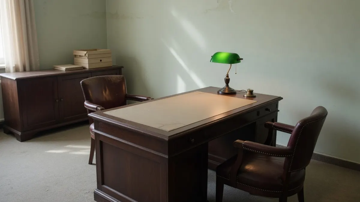 Ciemne drewniane biurko z zieloną lampą bankierską i dwoma skórzanymi fotelami w gabinecie
