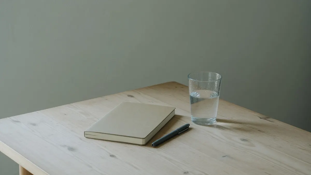 Zamknięty notes, ciemny długopis i szklanka wody na jasnym drewnianym stole