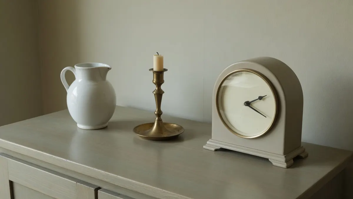 Porcelanowy dzbanek, mosiężny lichtarz ze świecą i stary zegar na szarozielonej komodzie