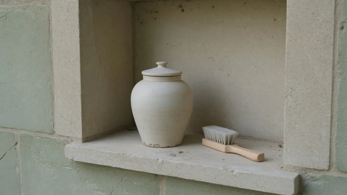Zamknięta ceramiczna urna w kamiennej wnęce i miękka szczotka obok