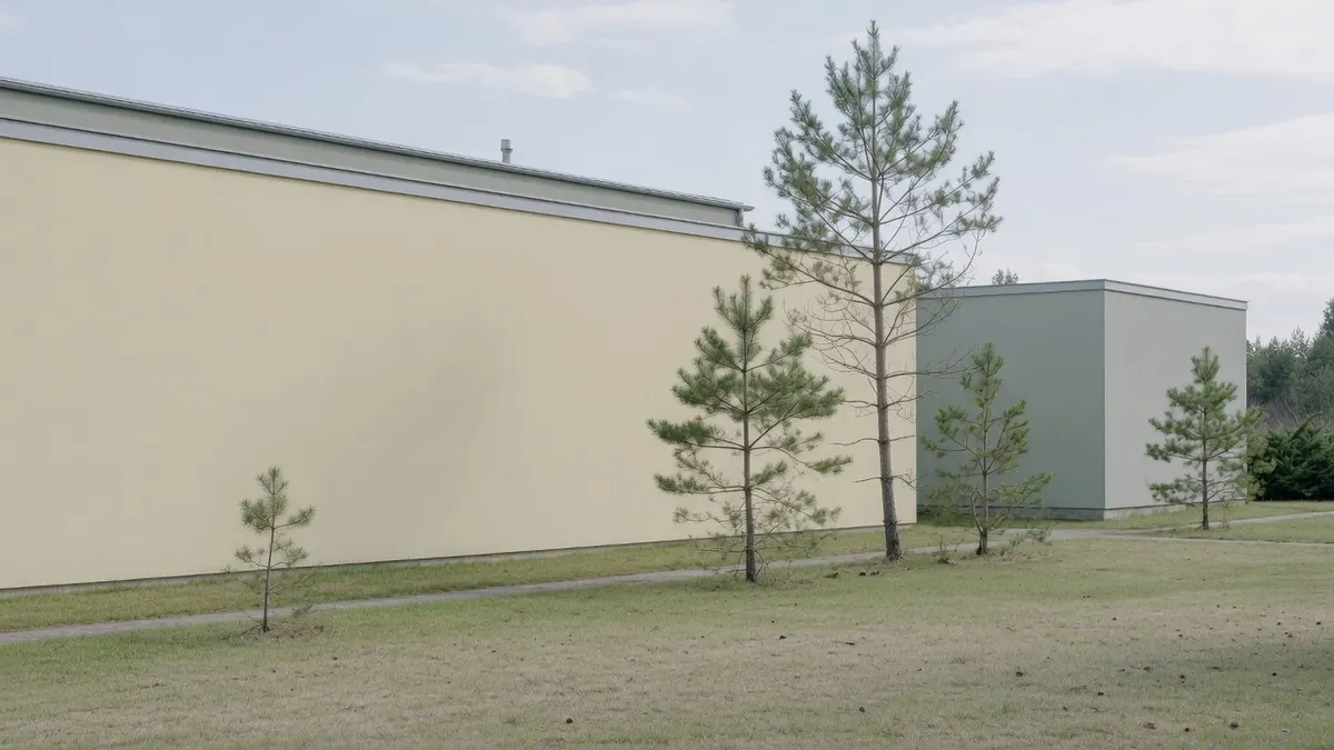 Długie jasne ściany niskiego budynku z płaskim dachem wśród trawy i młodych sosen