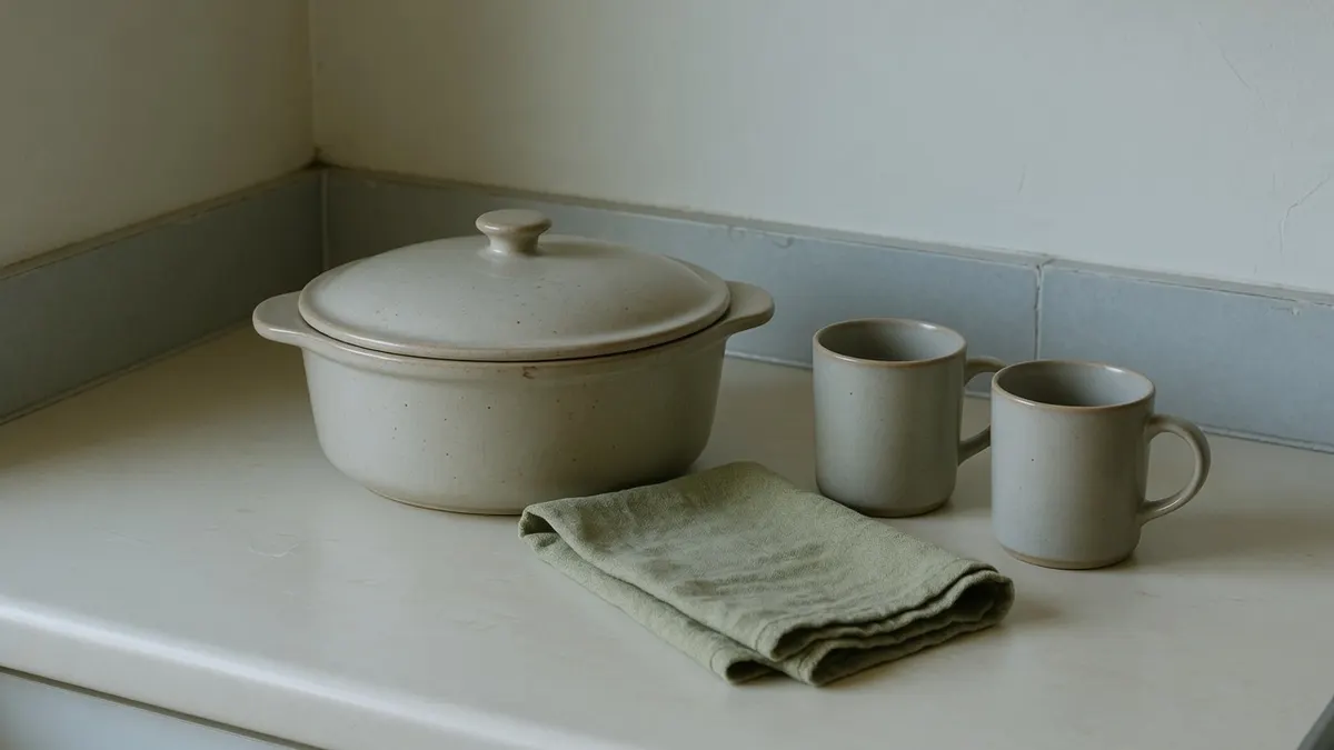 Ceramiczne naczynie z pokrywką, dwa szare kubki i zielona ściereczka na kuchennym blacie