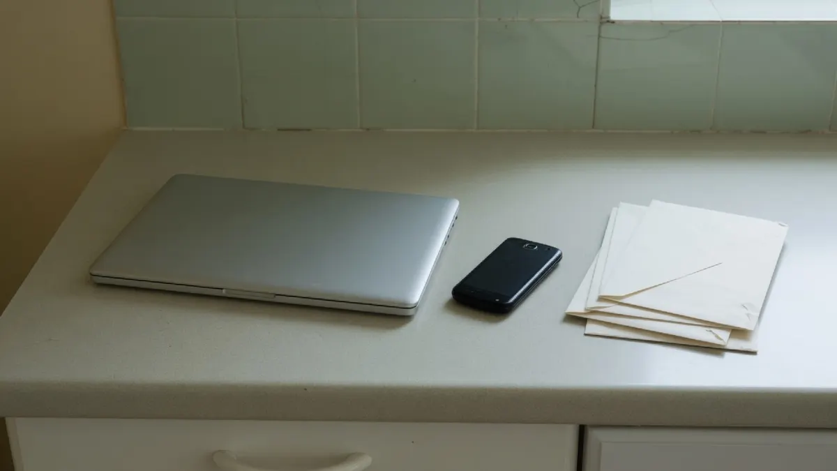 Zamknięty laptop, telefon odwrócony ekranem w dół i plik pustych kopert na kuchennym blacie