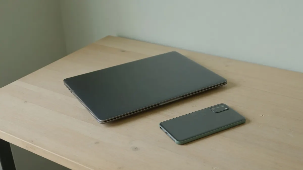 Zamknięty ciemny laptop i smartfon odwrócony ekranem w dół na drewnianym biurku