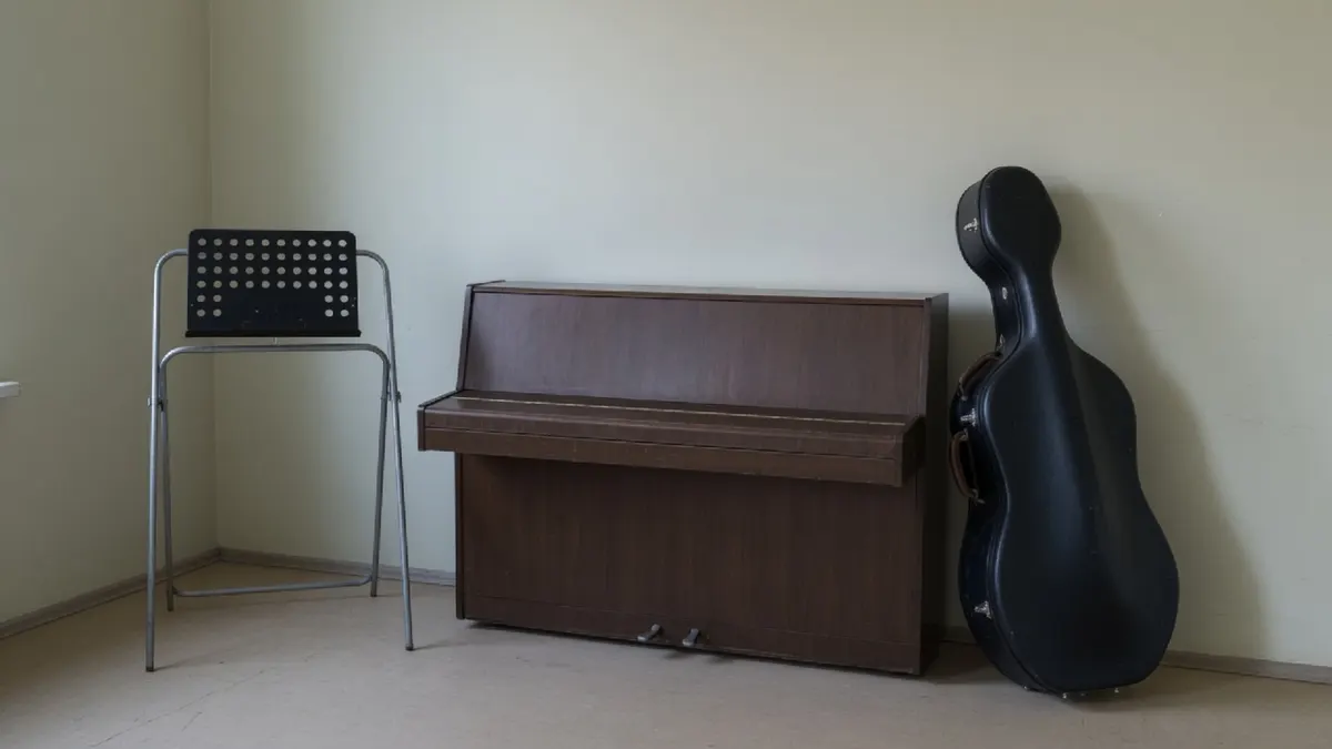 Pusty pulpit na nuty, zamknięte pianino i futerał wiolonczeli oparty o ścianę