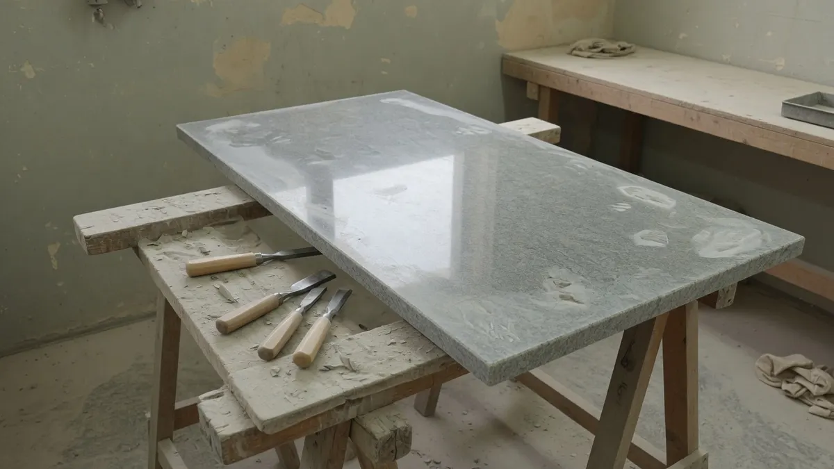 Gładka granitowa płyta na drewnianych kozłach i dłuta w zakurzonej pracowni