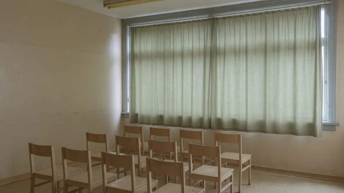 Rzędy drewnianych krzeseł przed dużym oknem zasłoniętym jasnozieloną zasłoną