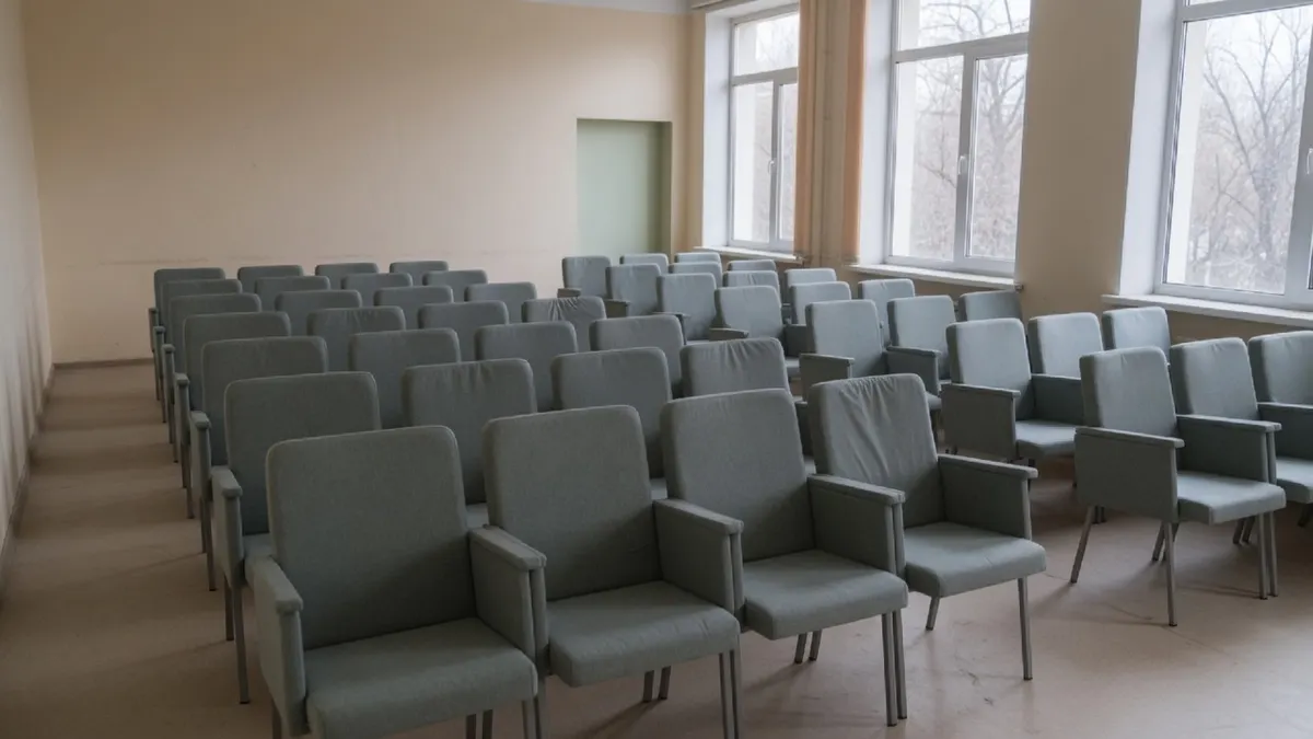 Rzędy pustych tapicerowanych szarych krzeseł w jasnej sali z wysokimi oknami