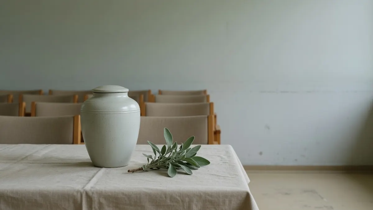 Zamknięta jasna ceramiczna urna i gałązka szałwii na lnianym obrusie, w tle puste krzesła