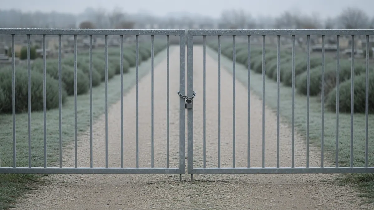 Oszroniona metalowa brama zamknięta na kłódkę, za nią pusta żwirowa aleja