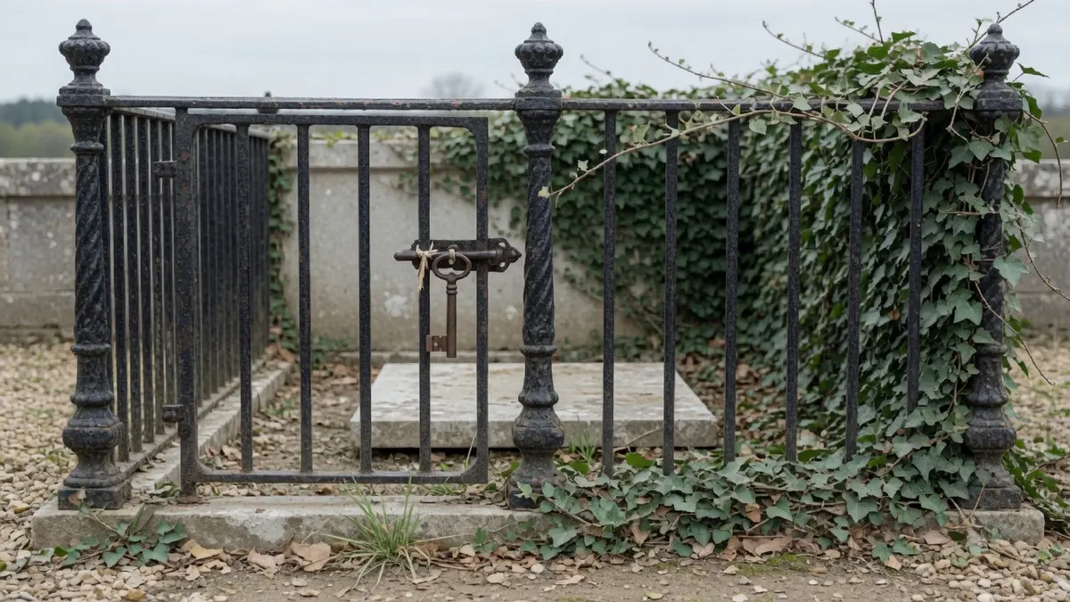 Żeliwne ogrodzenie grobu z zamkniętą furtką i kluczem zawieszonym na zasuwie, oplecione bluszczem