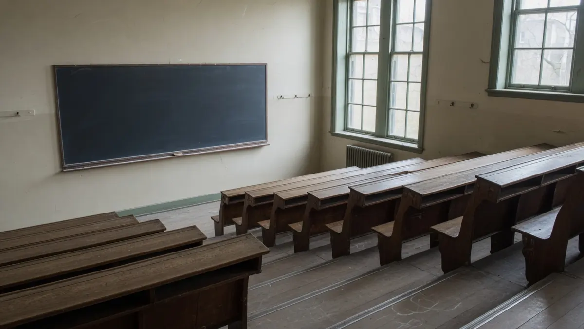 Pusta sala wykładowa z drewnianymi ławkami, czystą tablicą i wysokimi oknami