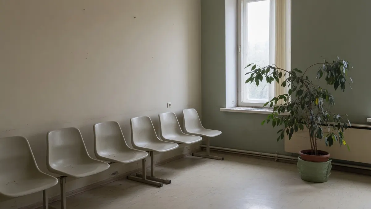 Poczekalnia z rzędem pustych plastikowych krzeseł, wysokim oknem i rośliną w donicy