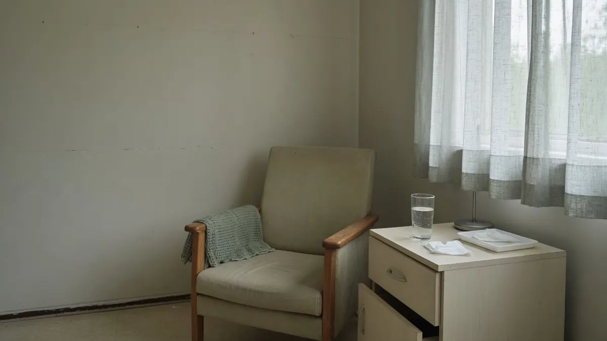 Pusty fotel z narzutą i szafka nocna ze szklanką wody przy oknie z firanką