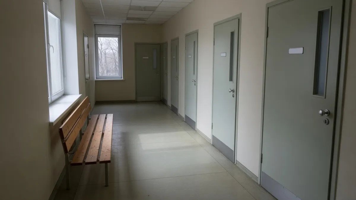 Drewniana ławka pod oknem w pustym szpitalnym korytarzu z rzędem zamkniętych drzwi