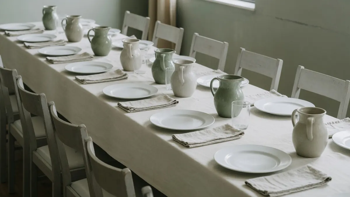 Długi stół nakryty białymi talerzami, ceramicznymi dzbankami i lnianymi serwetkami