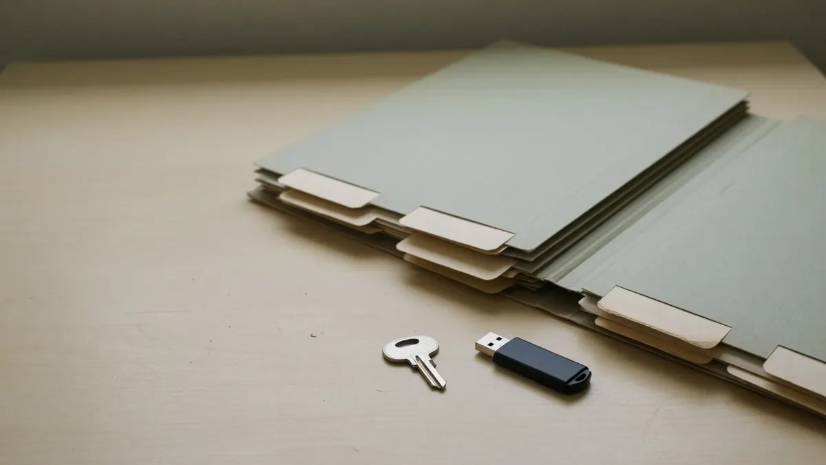 Szarozielona teczka z pustymi przekładkami, obok niej mały klucz i pendrive na jasnym blacie