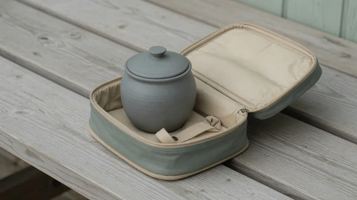 Zamknięte szare ceramiczne naczynie w otwartym, wyściełanym etui na drewnianej ławce