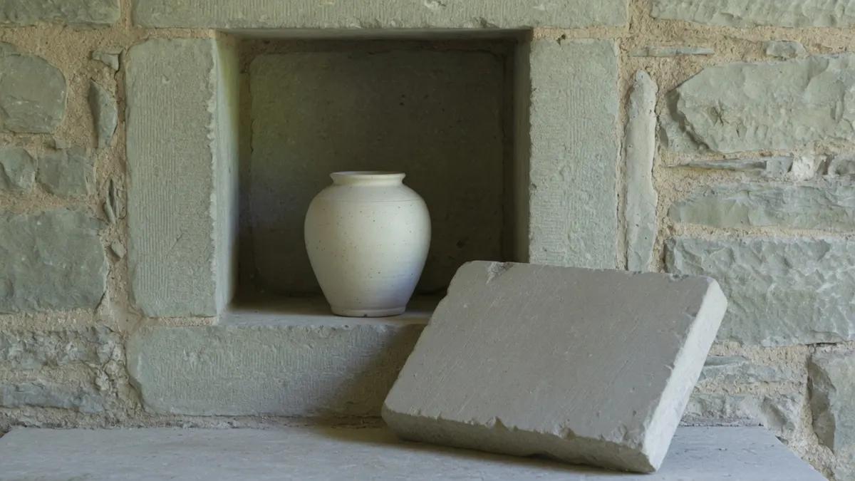 Jasna ceramiczna urna w otwartej kamiennej niszy, obok oparta gładka kamienna płyta