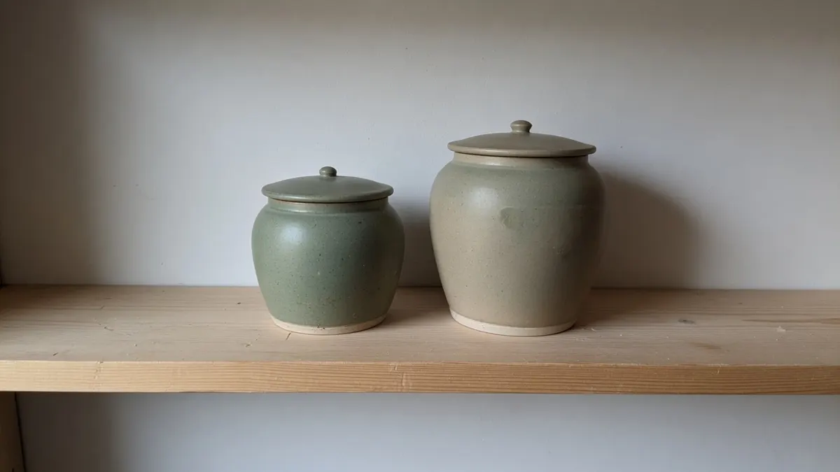Dwa ceramiczne naczynia z pokrywkami, mniejsze zielone i większe beżowe, na drewnianej półce