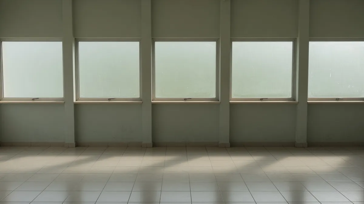 Pusta sala z rzędem matowych okien i wypolerowaną posadzką z płytek