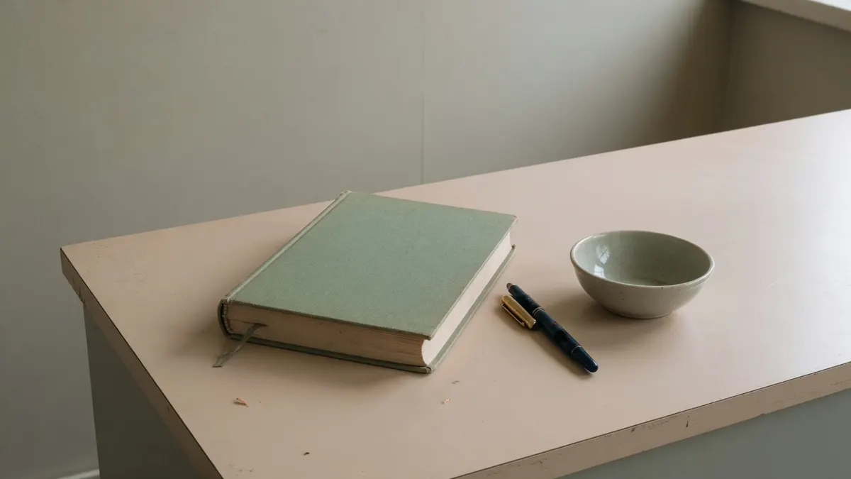 Zamknięta zielona księga w płóciennej oprawie, pióro i ceramiczna miseczka na ladzie