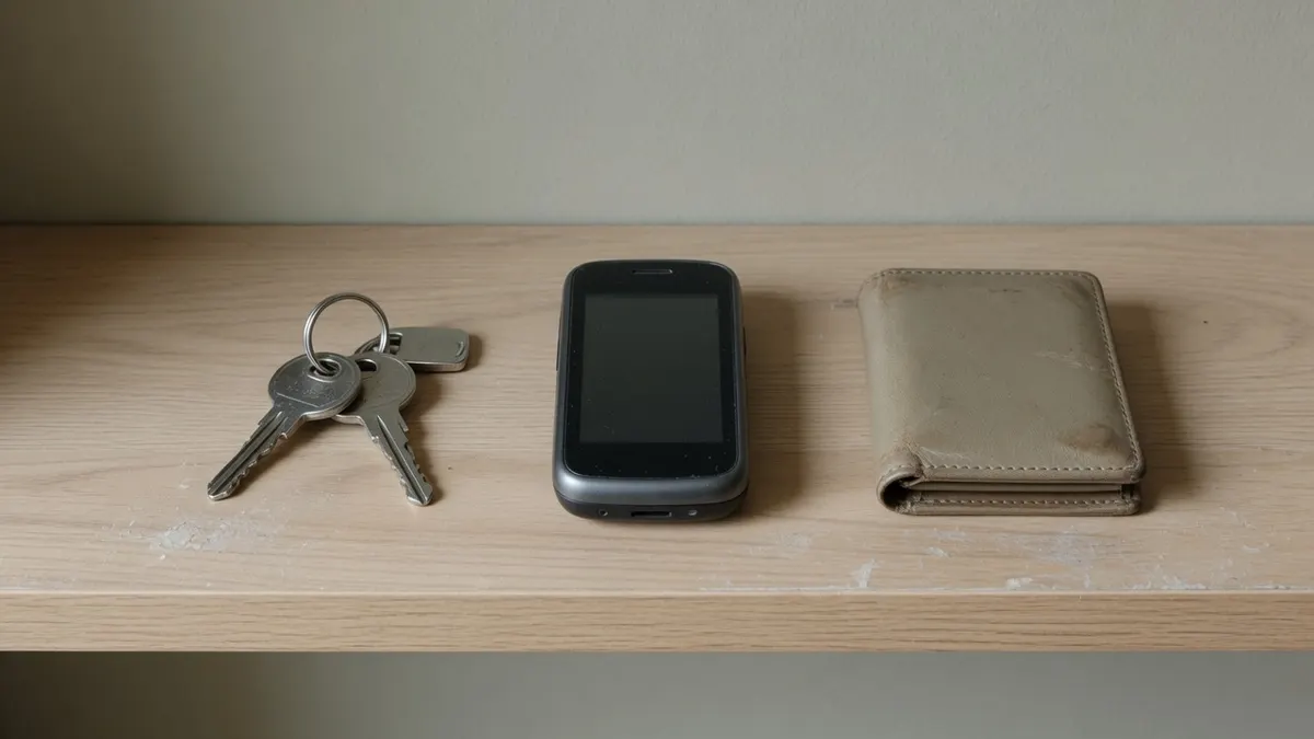 Klucze, wyłączony telefon komórkowy i skórzany portfel ułożone na drewnianej półce