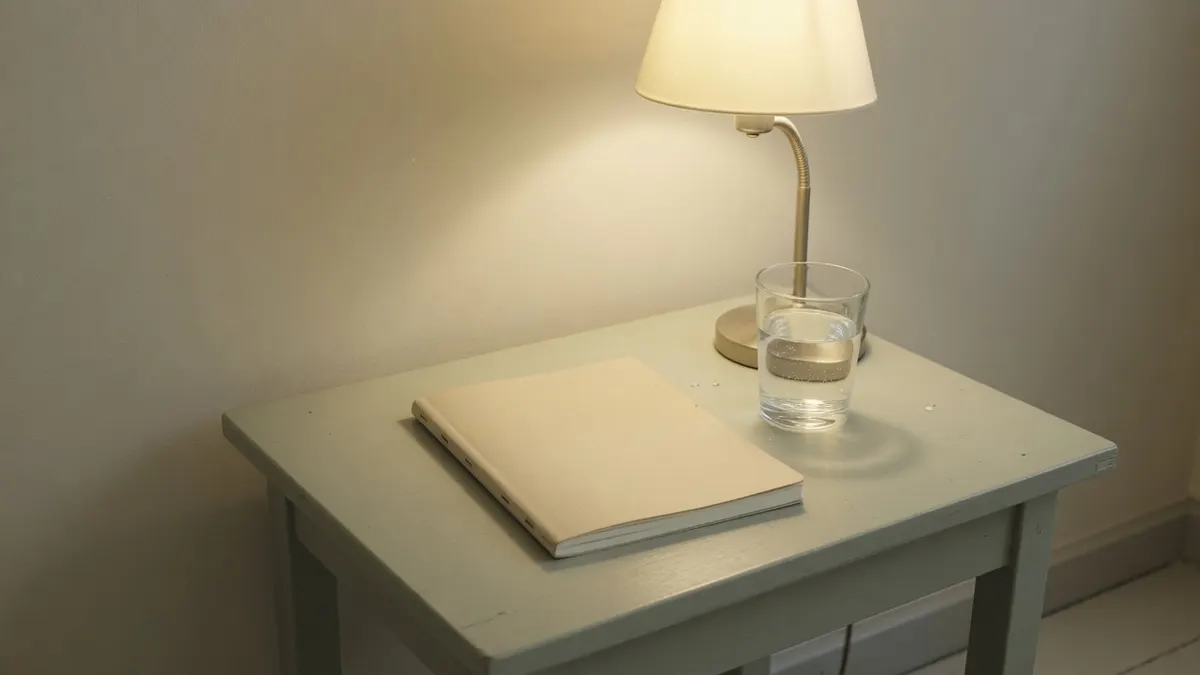 Zamknięty jasny notes i szklanka wody na stoliku w ciepłym świetle lampki