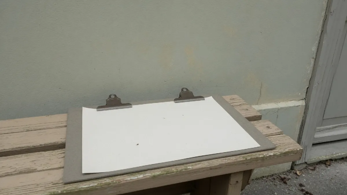 Pusta biała kartka przypięta do podkładki leżąca na starej drewnianej ławce