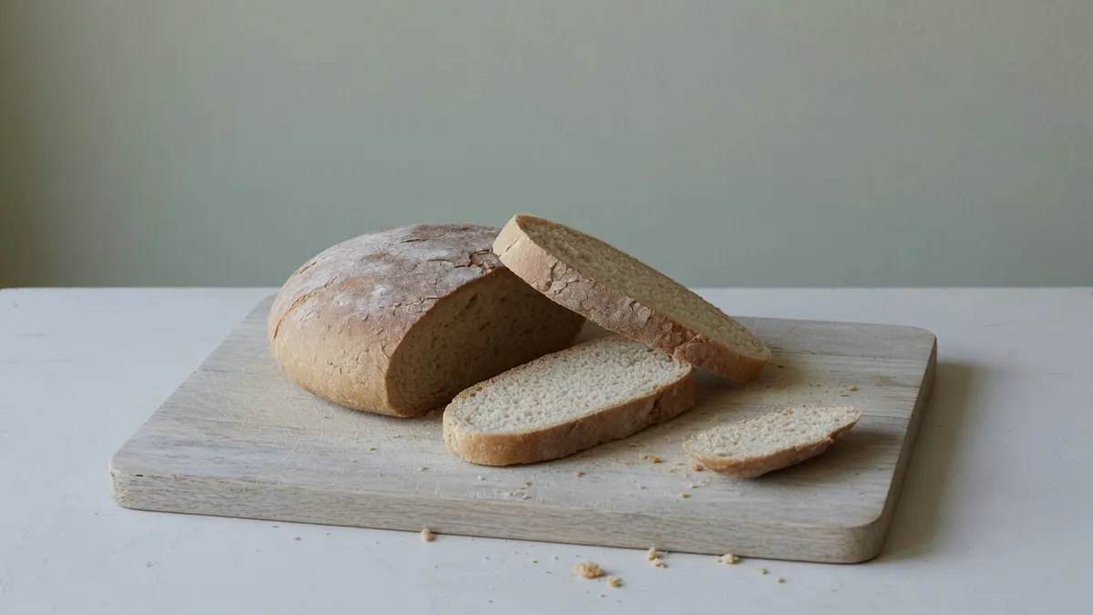 Okrągły bochenek chleba pokrojony na nierówne kromki na jasnej drewnianej desce