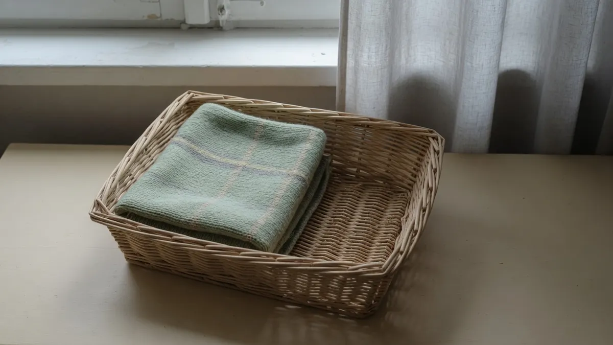 Złożony szarozielony dziany kocyk w wiklinowym koszu przy oknie z lnianą firanką