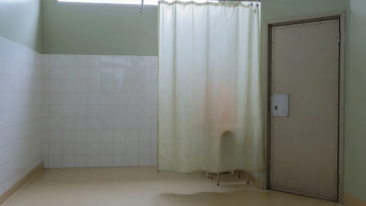 Jasne pomieszczenie z przezroczystą zasłoną i białymi kafelkami