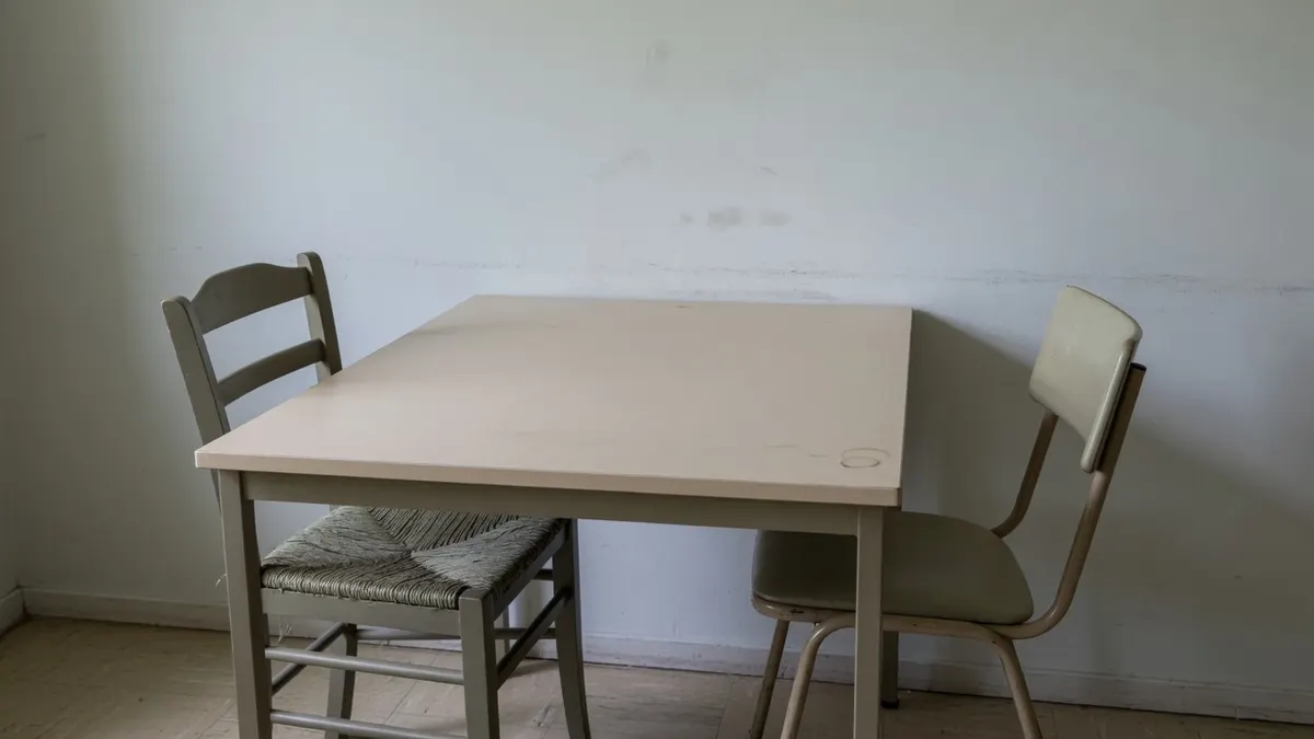Prosty jasny stół i dwa różne puste krzesła ustawione po przeciwnych stronach